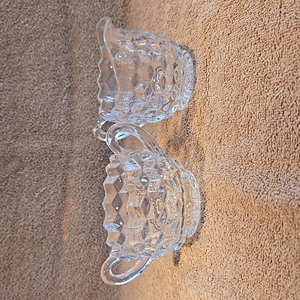 Vintage Fostoria 3D Cube Pattern Cream and Sugar Set Clear Glass T12
